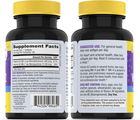 InnovixLabs Full Spectrum Vitamin K2 MK-7 - 90 Capsules, 600 mcg for General Health & Bones, Soy & Gluten Free