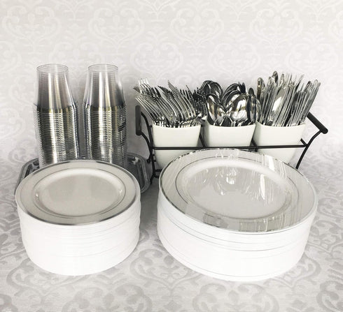 300 Piece Silver Plastic Silverware Set - Reusable & Recyclable - Silver Plastic Utensils for Weddings, Anniversaries,