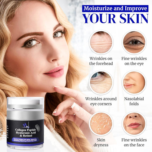 HM Collagen Peptide Cream with Hyaluronic Acid, Retinol & Vitamin E - Anti Aging Skincare Moisturiser for Soft Skin