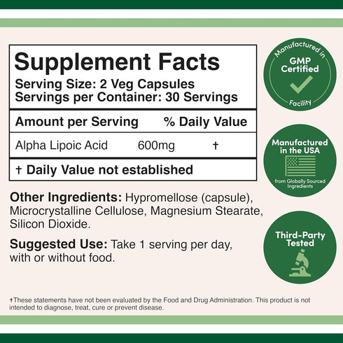 Alpha Lipoic Acid 600mg per Serving, 60 Capsules (Third Party Tested, Non-GMO, Gluten Free, Vegan Safe) Potent Antioxidant for Neuropathy and Cardiovascular Health (ALA Supplement) by Double Wood