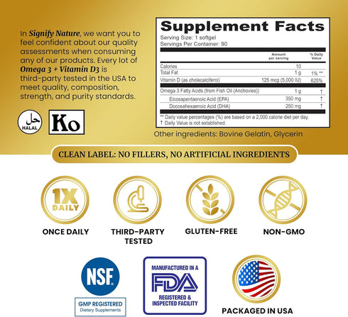 Omega 3 Fish Oil Supplement with Vitamin D3 5000 IU - 1000mg Triglyceride Capsules for Brain Health - Optimal Ratio EPA DHA Omega-3 Fish Oils Vitamin D 3 Blend - VIT D3 & Omega 3-90CT