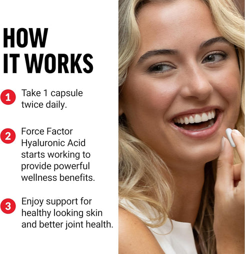 FORCE FACTOR Hyaluronic Acid Supplements, 60 Capsules - Joint Health & Skin Hydration for Women and Men