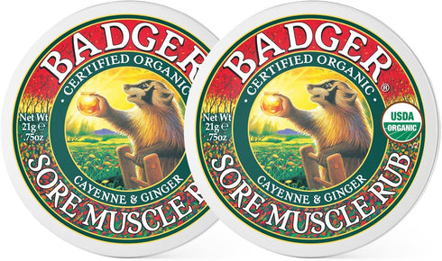 Badger Sore Muscle Rub, Organic Cayenne Pepper and Ginger Balm, Warming Muscle Relief, 0.75 oz (2 Pack)
