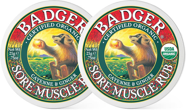 Badger Sore Muscle Rub, Organic Cayenne Pepper and Ginger Balm, Warming Muscle Relief, 0.75 oz (2 Pack)