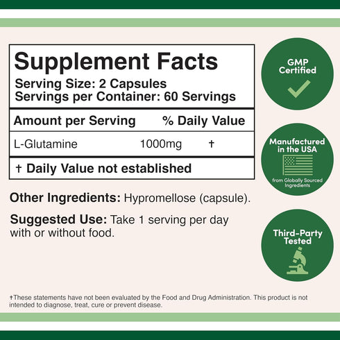 L Glutamine Capsules - No Fillers (1000mg Servings, 120 Capsules) Non-GMO, Gluten Free, Keto Safe, Vegan Friendly, Third Party Tested (for Endurance and Gut Health) by Double Wood