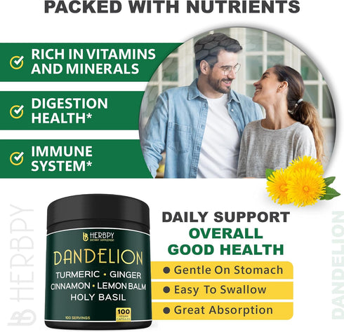 Dandelion Root Supplement 7500mg, 100 Capsules - 6in1 for Digestion, Heart Health & Immune Support with Ginger &