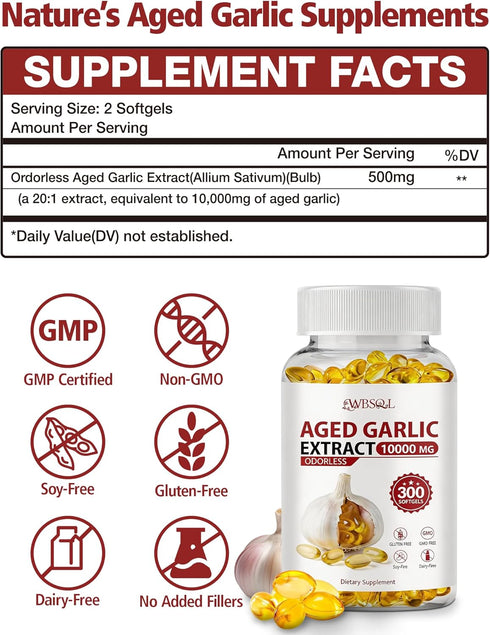WBSQL 10,000 300 2 Immune Odorless Aged Garlic Extract mg - Softgels, Year Aged Garlic Supplements for Heart & Support