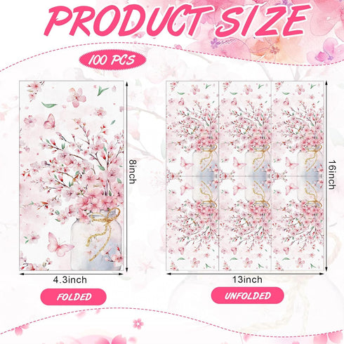 Janlaugh 100 Summer Pcs Cherry Blossoms Paper Bathroom Hand Towels Floral Disposable Guest Napkins Pink Paper Towel