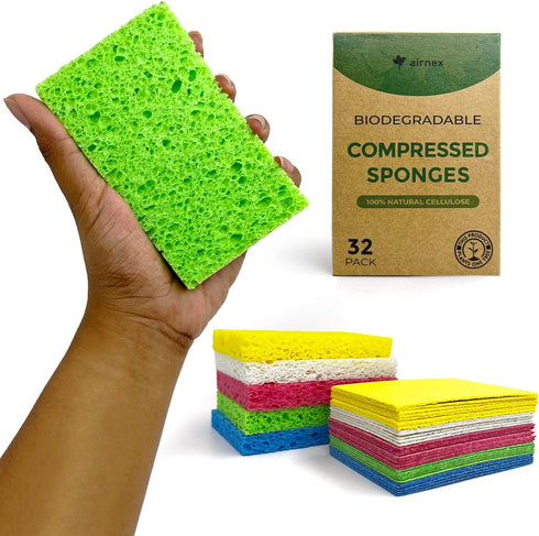 Biodegradable Cellulose Compressed Sponges - 32 Pack Heavy Duty Kitchen Cleaning Sponges