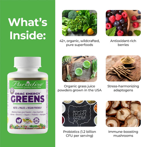 Paradise ORAC Energy Greens Powder Extract, Super Antioxidants, Probiotics for Gut Health & Digestion, Vitamin C for Immunity, with Spirulina & Chlorella, Non-GMO, Gluten Free, 120 Capsules