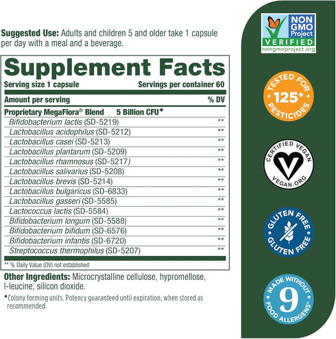 MegaFood MegaFlora Probiotic Kids - Probiotics for Kids 5+, 14 Probiotic Strains & 5 Billion CFUs - Probiotics for Digestive Health- Immune Support, Non-GMO, Made without 9 Food Allergens - 60 Caps