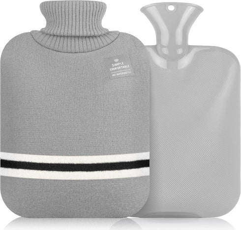 Hot Water Bottle with Cover - 2L Bag for Menstrual Cramps and Pain Relief, Hot and Cold Compress (Gray)