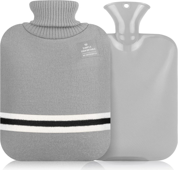 Hot Water Bottle with Cover - 2L Bag for Menstrual Cramps and Pain Relief, Hot and Cold Compress (Gray)