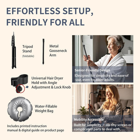 Hugabow 360 20-65 Inch Hair Dryer Stand - Rotating Universal Holder, Adjustable, Hands Free for Pain Relief