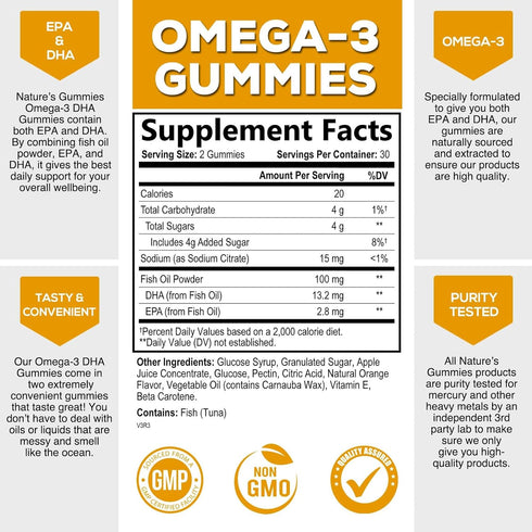 Omega 3 Fish Oil Gummies, Extra Strength Omega Fish Oil Supplement, High Absorption for Joint, Heart & Brain Support, Nature's Heart Healthy Omega 3s DHA EPA Gummy Vitamin, Orange Flavor - 60 Gummies