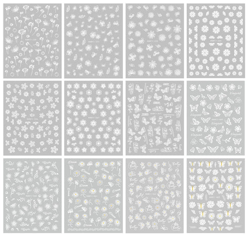 JMEOWIO 12 Sheets Spring White Flower Nail Art Stickers Decals Self-Adhesive Pegatinas Uñas Summer Butterfly Leaf Floral Nail Supplies Nail Art Design Decoration Accessories
