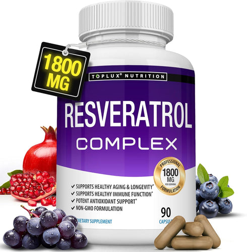 Resveratrol Supplement 1800 mg Antioxidant Complex, Natural Trans-Resveratrol Pills for Healthy Aging, 90 Capsules