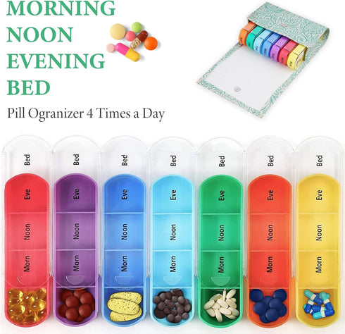 Haecsfl 7 4 7 Case(1-Carved Green1) Pill Organizer, Weekly Travel Pill Case Box Medication Reminder Daily AM PM, Day