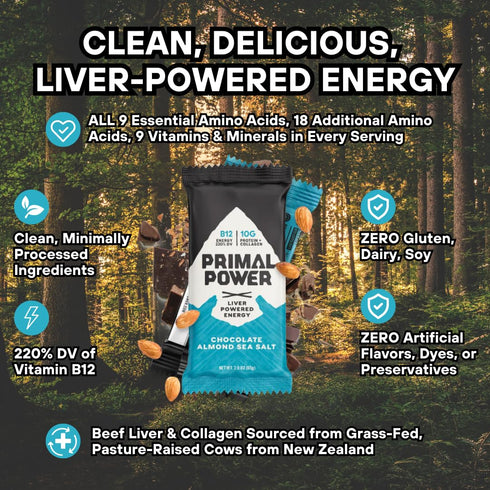 Primal Power Liver Powered Nutrition Bars, 10g Protein, B12 Energy Boost, Gluten Free, Pack of 12