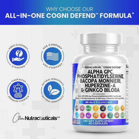 Clean Nutraceuticals Alpha GPC Choline 300mg, Phosphatidylserine 3000mg, Bacopa Monnieri 6000mg & Ginkgo Biloba