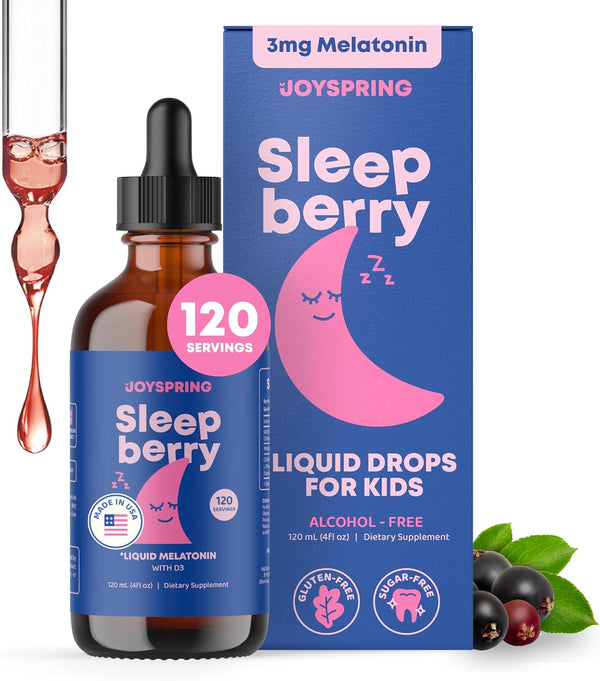 JoySpring SleepBerry Kids Melatonin Liquid - 3MG with D3 and Elderberry, Sugar-Free Sleep Support Formula (4 fl oz)