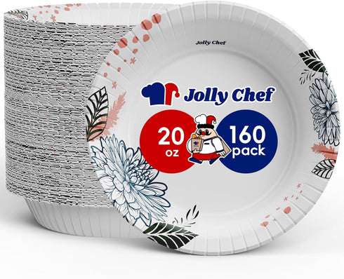 JOLLY CHEF 160 Count Paper Bowls, 20 oz Soak Proof and Cut Proof, Heavy Duty Disposable Bowls for Dinner or Lunch