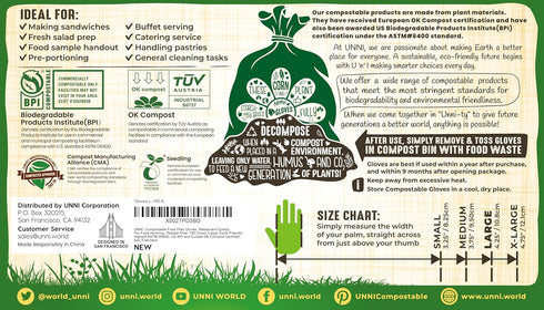 UNNI Compostable Food Prep Gloves, 100 Count, Medium, Powder-Free, Earth Friendly, Restaurant-Quality, Certified