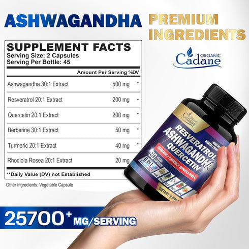 Organic Cadane Ashwagandha Supplements 25700mg - Support Memory, Immune, Energy Production - 6 Premium Ingredients - Resveratrol, Quercetin, Berberine, Turmeric, Rhodiola Rosea - 90 Extract Capsules