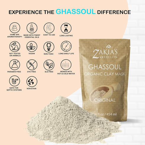 Zakia's Morocco Moroccan Rhassoul Clay Mask, Organic Natural Facial and Body Clay Mask, 1 lb