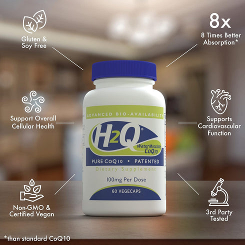 Health Thru Nutrition H2Q CoQ-10, 8X Higher Absorption, Vegan Certified, Cardiovascular Support, Pack of 60