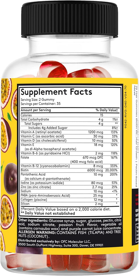 70 Hair Gummies for Women, Biotin 6000mcg, Collagen, Multivitamins, Hair Skin and Nails Vitamins, Pectin-Based