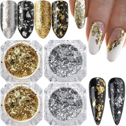 Holographic Nail Foil Glitter Flakes, 3D Sparkly Aluminum Foil Flake for Acrylic Nails Design (4 Boxes)