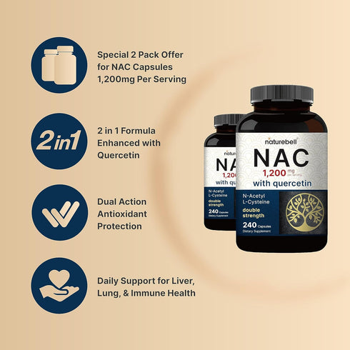2 Pack NAC Supplement (N-Acetyl Cysteine) with Quercetin, 1,200mg Per Serving, 480 Capsules for Immune, Liver, & Lung