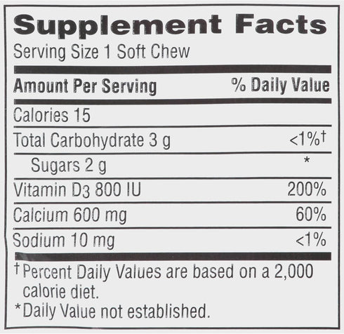 Calcium and Vitamin D3 Supplement Soft Chews, 600 mg, Vanilla Crème Flavor, 60 Count