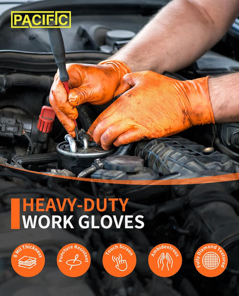 PACIFIC PPE Nitrile Disposable Gloves, Extra Strength, 8 mils, Industrial Mechanic Gloves, Heavy Duty Orange Gloves, Diamond Textured, XX-Large, 100 Count