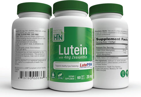 Health Thru Nutrition Lutein 20mg with Zeaxanthin 4mg, Supports Healthy Eye, Skin and Brain Function, Non-GMO