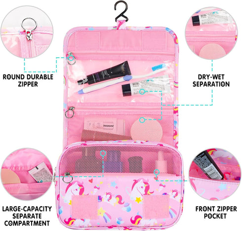 Kids Hanging Toiletry Bag for Girls, Travel Waterproof Wash Bag for Little Young Girls Cosmetic Makeup, Unicorn Pink