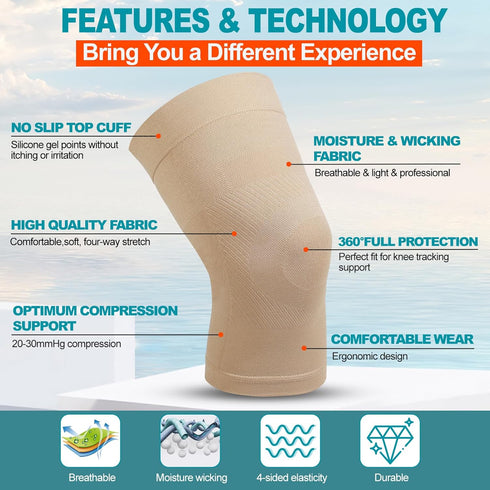 Knee Compression Sleeves, 1 Pair, 20-30mmHg Strong Support Brace for Meniscus Tear, Arthritis, Beige L