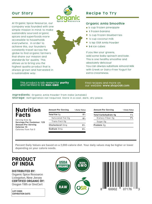 Organic Amla Powder - 1.10 lbs (17.64 oz) | Amalaki, USDA Organics, Non-GMO, Kosher, Halal - 100% Raw and Natural, by SHOPOSR