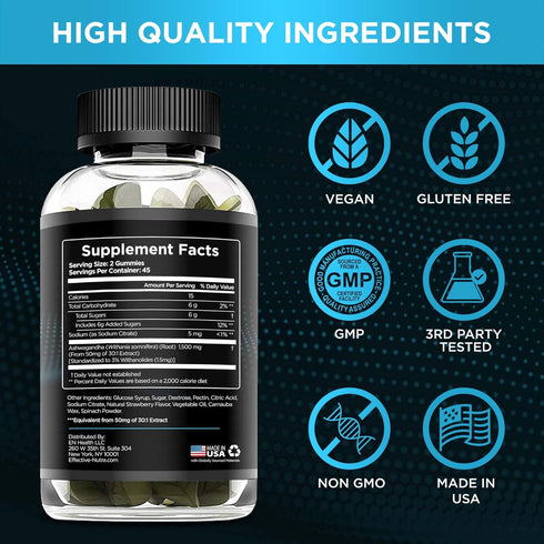 Ashwagandha Gummies 1500mg | Stress Relief, Immune Support, Calm Mood | 90 Count, Natural Strawberry Flavor