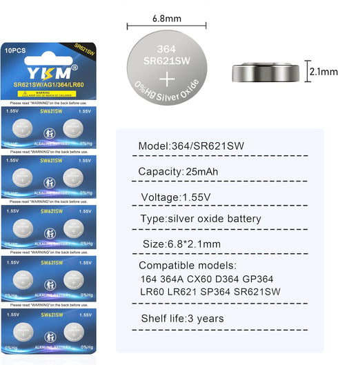 364 SR621SW Watch Battery AG1 364/363 LR621 V364 1.55V Silver Oxide Battery 10 Pack