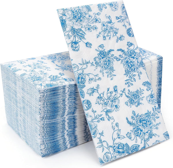 YOCHANDA 100 Pack Blue Floral Guest Hand Towels Disposable for Bathroom, Blue Floral