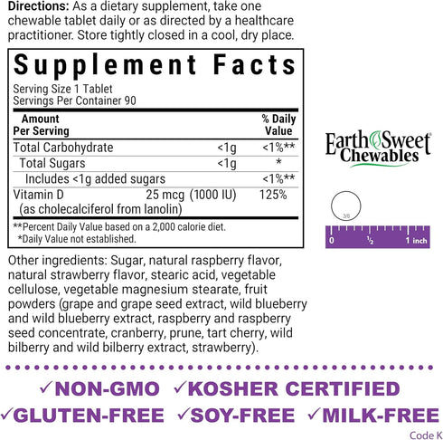 Bluebonnet Nutrition EarthSweet Vitamin D3 1000IU - Raspberry Chewable Supplement for Bone & Immune Support, 90 Tablets