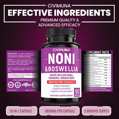 Noni Capsules 8850mg - Noni, Boswellia, White Willow Bark - 3 Months Supply