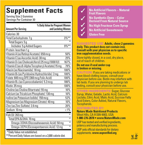 Gummies 60 Gummies, 30 Nature Made Prenatal with DHA and Folic Acid, Prenatal Vitamins for Women for Daily Nutritional