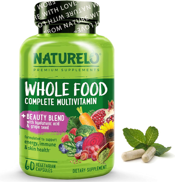 NATURELO Whole Food Multivitamin with Extra Hair, Skin and Nails Support - 60 Vegan Capsules