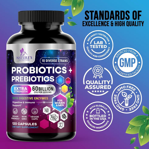 Daily Probiotic and Prebiotic Supplement, 60 Billion CFU Capsule for Women & Men, 10 Diverse Strains, 120 Capsules