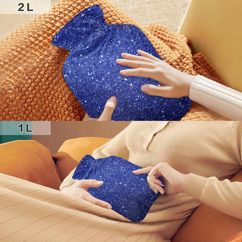 SyXIOP 2L Dark Blue Glitter Starry Travel hot Water Bottle with Soft Cover, Warmer Bag for Menstrual Cramps, Menstrual