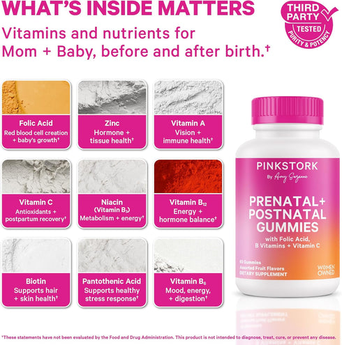 Gummy 60 Gummies Pink Stork Fertility + Prenatal + Postnatal Vitamins Full Motherhood Journey Support Multivitamin