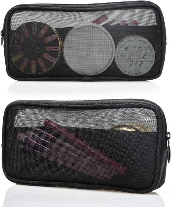 Mesh Travel Toiletry Bag - Transparent Standing Pouch, Portable Organizer, Pack of 2 (Size M), Black